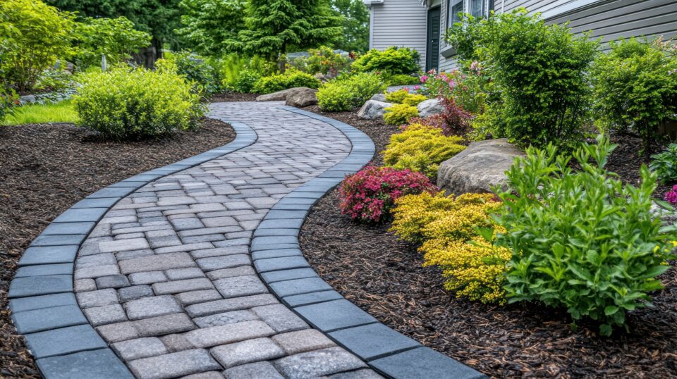 Winding paver walkway through landscaped backyard