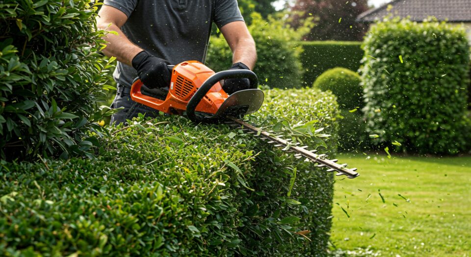 Gardener trimming hedges with electric trimmer in well maintained backyard garden